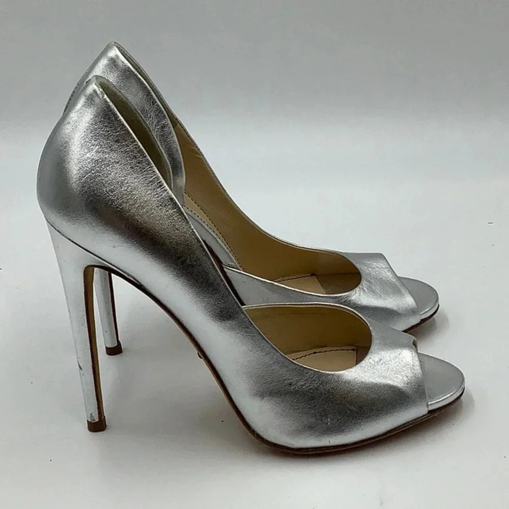 JEROME C. ROUSSEAU Metallic Silver Open Toe Heels